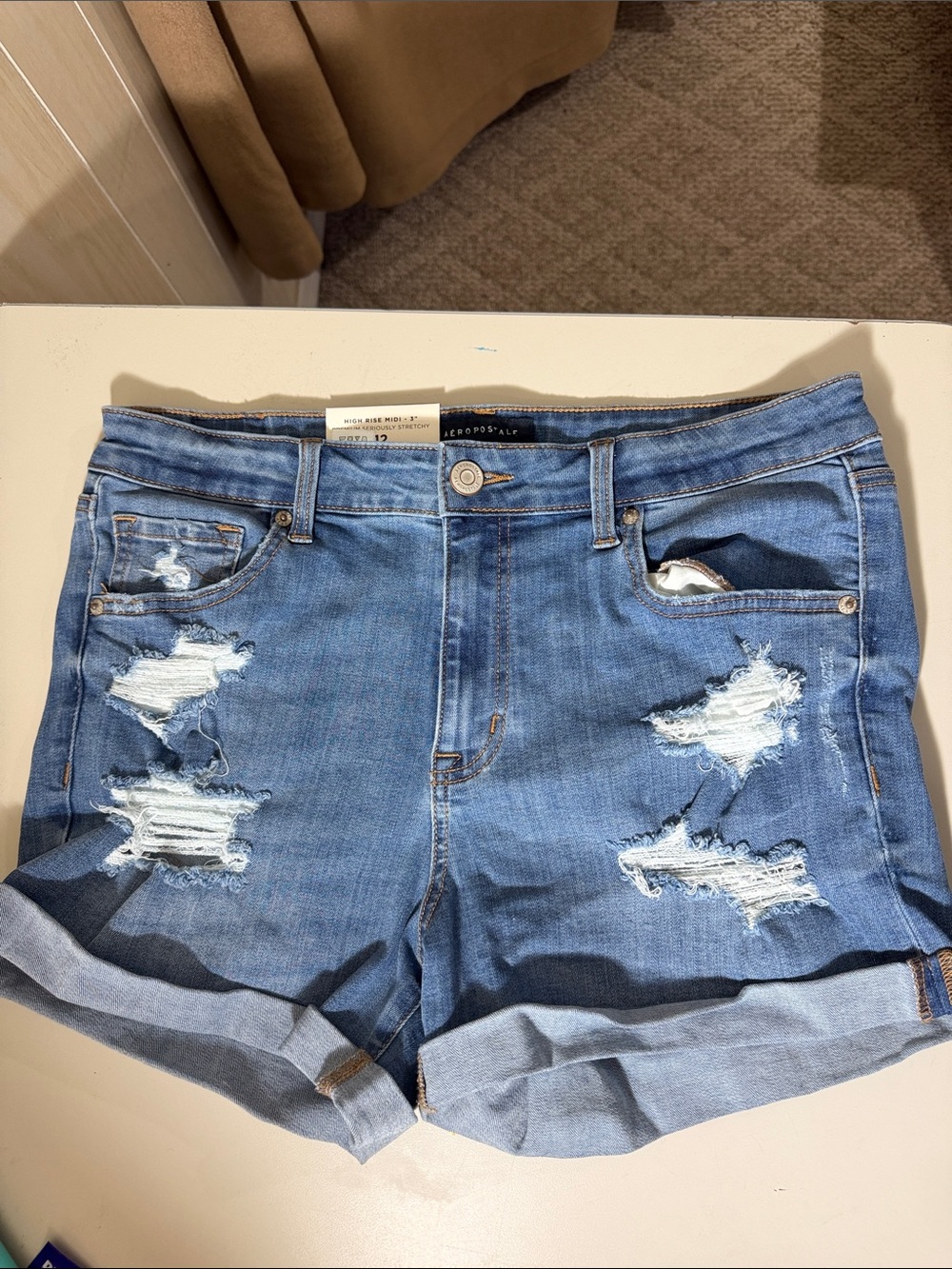 Aeropostale Women's Distressed Light Blue Denim Roll-Cuff Shorts